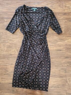Ralph Lauren Navy Dress with Brown Chain-Print Wrap Detail